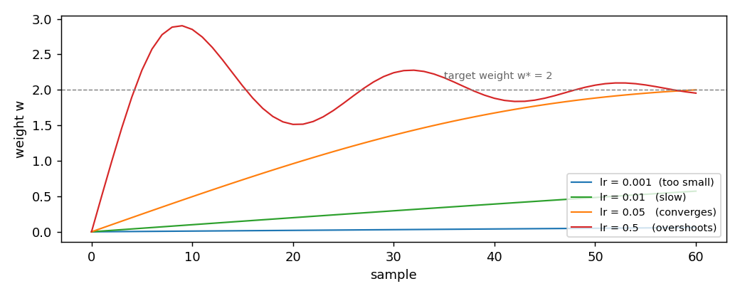 Trajectory of the weight for four learning rates