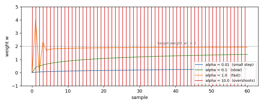 Trajectory of the weight for four values of alpha