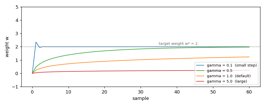 Trajectory of the weight for four values of gamma