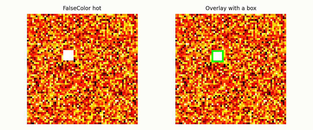 A thermal band in false colour and the same frame with a box drawn on it.