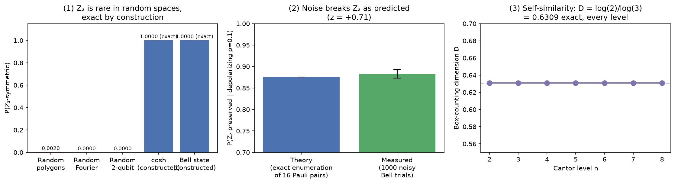 Z2 symmetry is rare in random polygons, Fourier series, and 2-qubit states, but exact by construction for cosh and the Bell state; depolarizing noise breaks it exactly as predicted